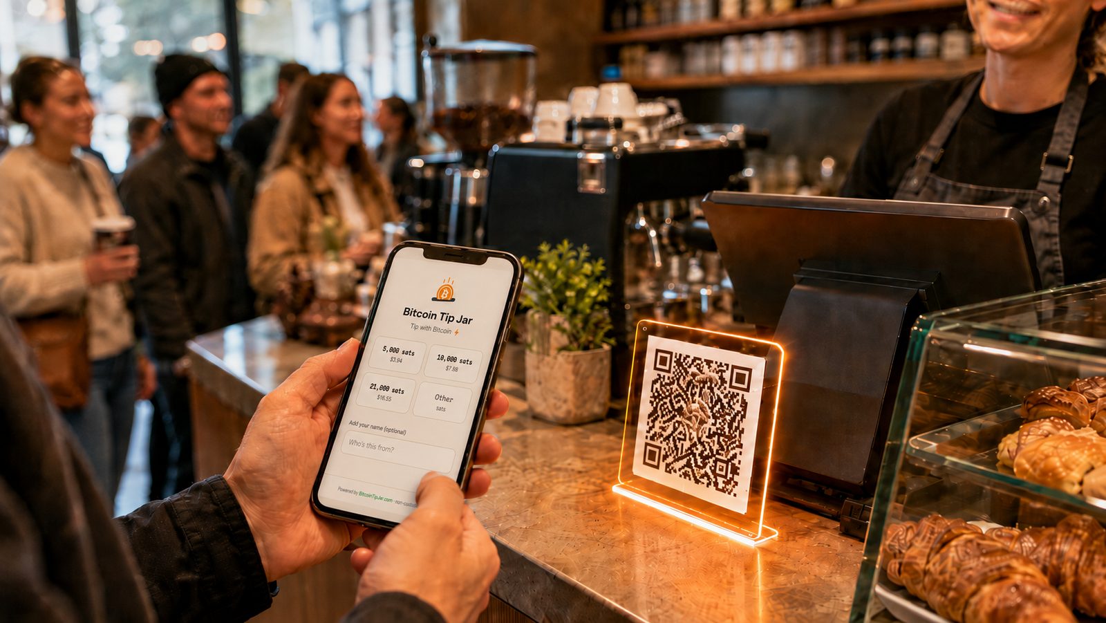 A customer at a café counter holding a phone that shows a bitcoin tip jar with three preset amounts and an Other tile, beside a lit QR code stand by the till